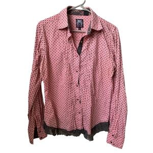RU APPAREL Women’s Pink w/ Dark Gray Print & Lace Trim Snap Front Closure Shirt